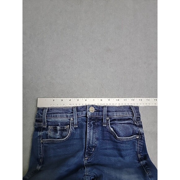 McGuire Jeans Womens 26 25x29  Flare Stretch Dark Blue Low Rise Raw Hem Fray USA - Picture 6 of 14